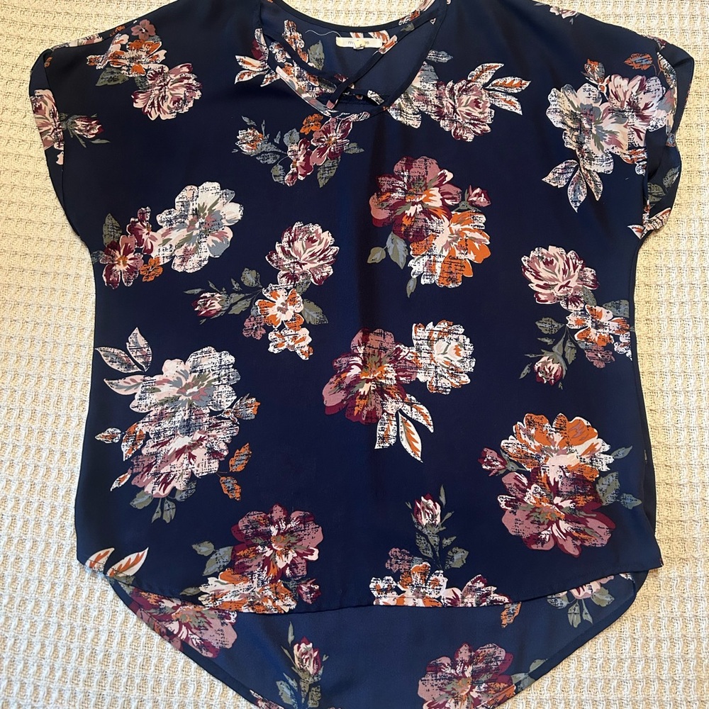 Blue and Orange Cap Sleeve Blouse with Peter Pan Collar